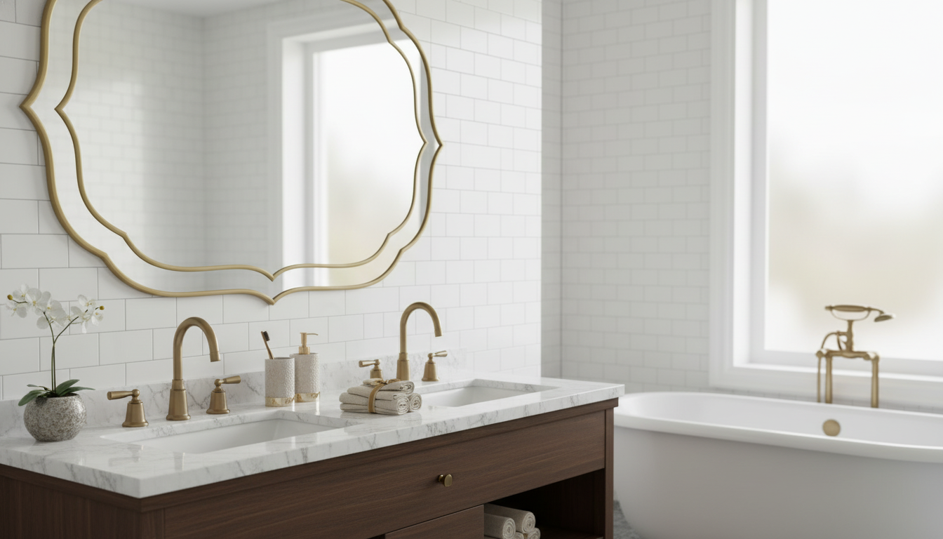 32-Inch Gold Scalloped Beveled Round Vanity Mirror