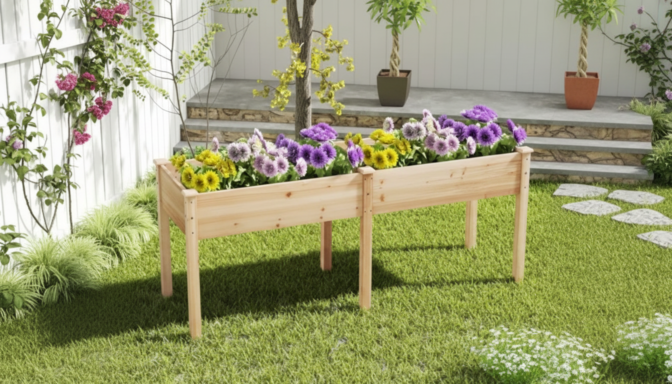 73x23x30 Raised Wooden Planter Box with Divider & Drainage