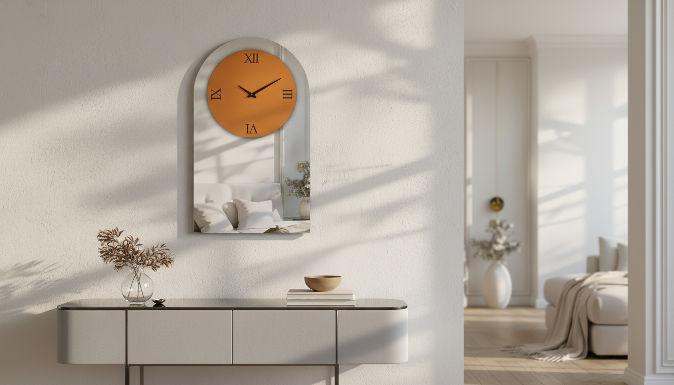 Arched Silver Mirrored Wall Clock, Roman Numerals (35x20)