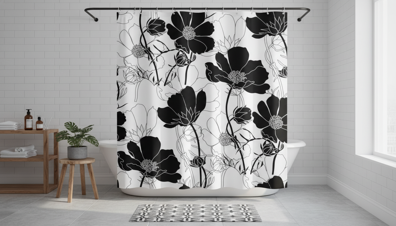 Monochrome Floral Shower Curtain 72x72 (Hooks Included)