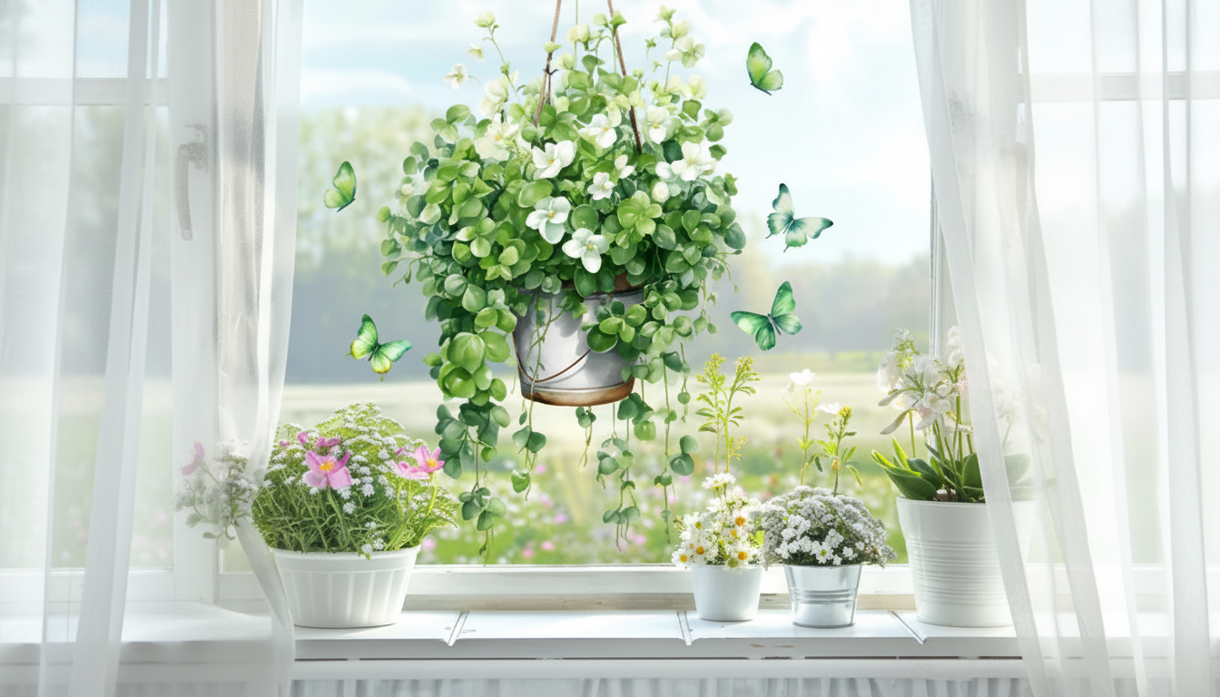 Green Vine & Hanging Basket Electrostatic Window Cling