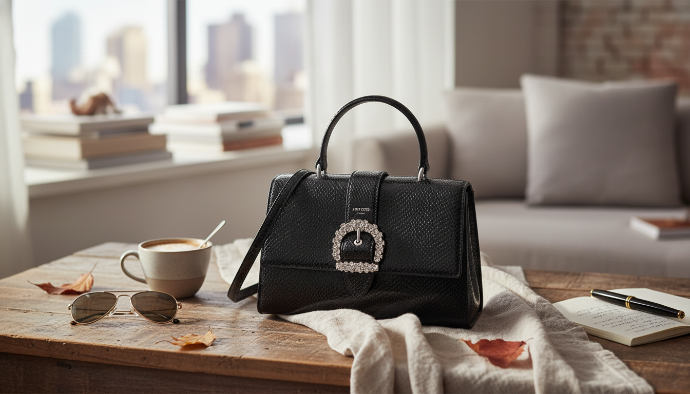 Jimmy Choo Cheri Black Lizard-Print Top Handle Bag