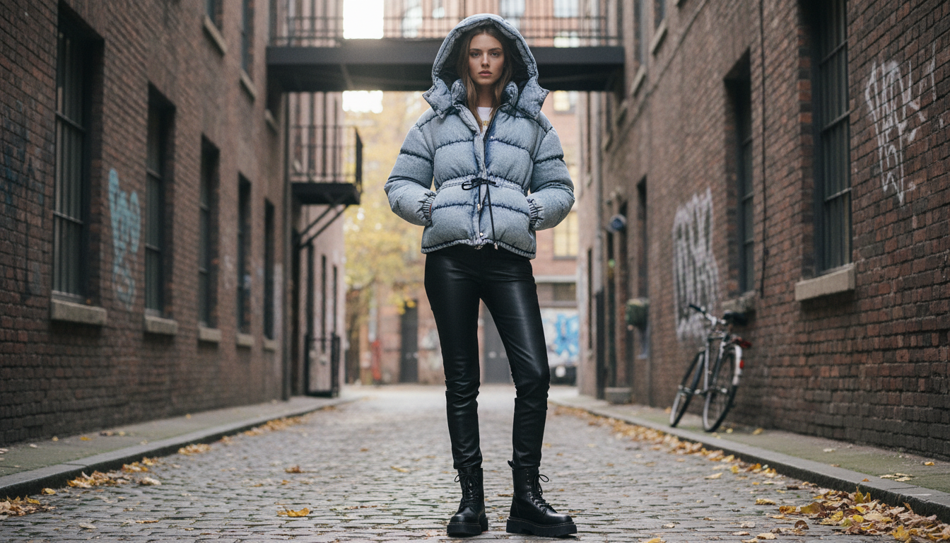 Miu Miu Denim-Look Down Puffer: Hood & Cinch Waist