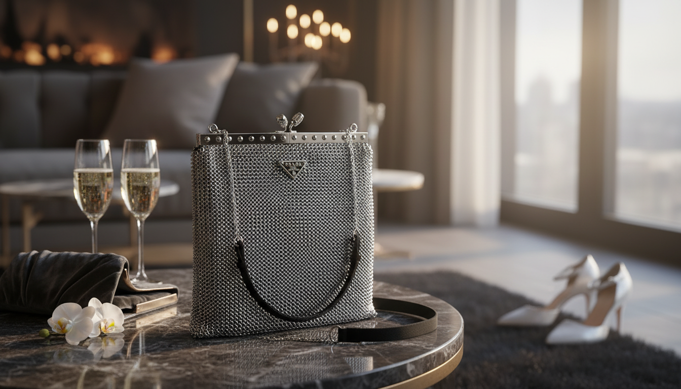 Prada Silver & Black Mesh Chain Bag for Evening Events