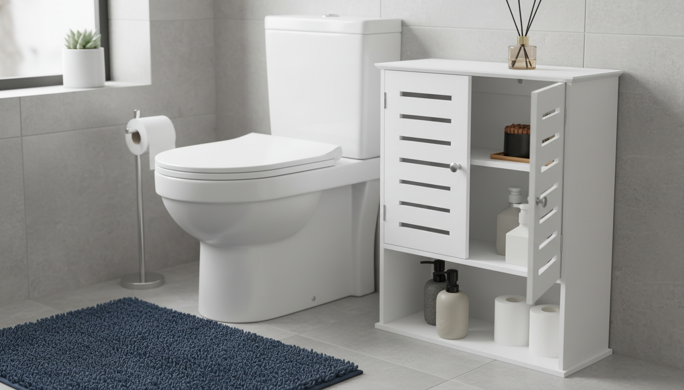 Slim White Toilet-Side Cabinet, 31.5" with Shelves