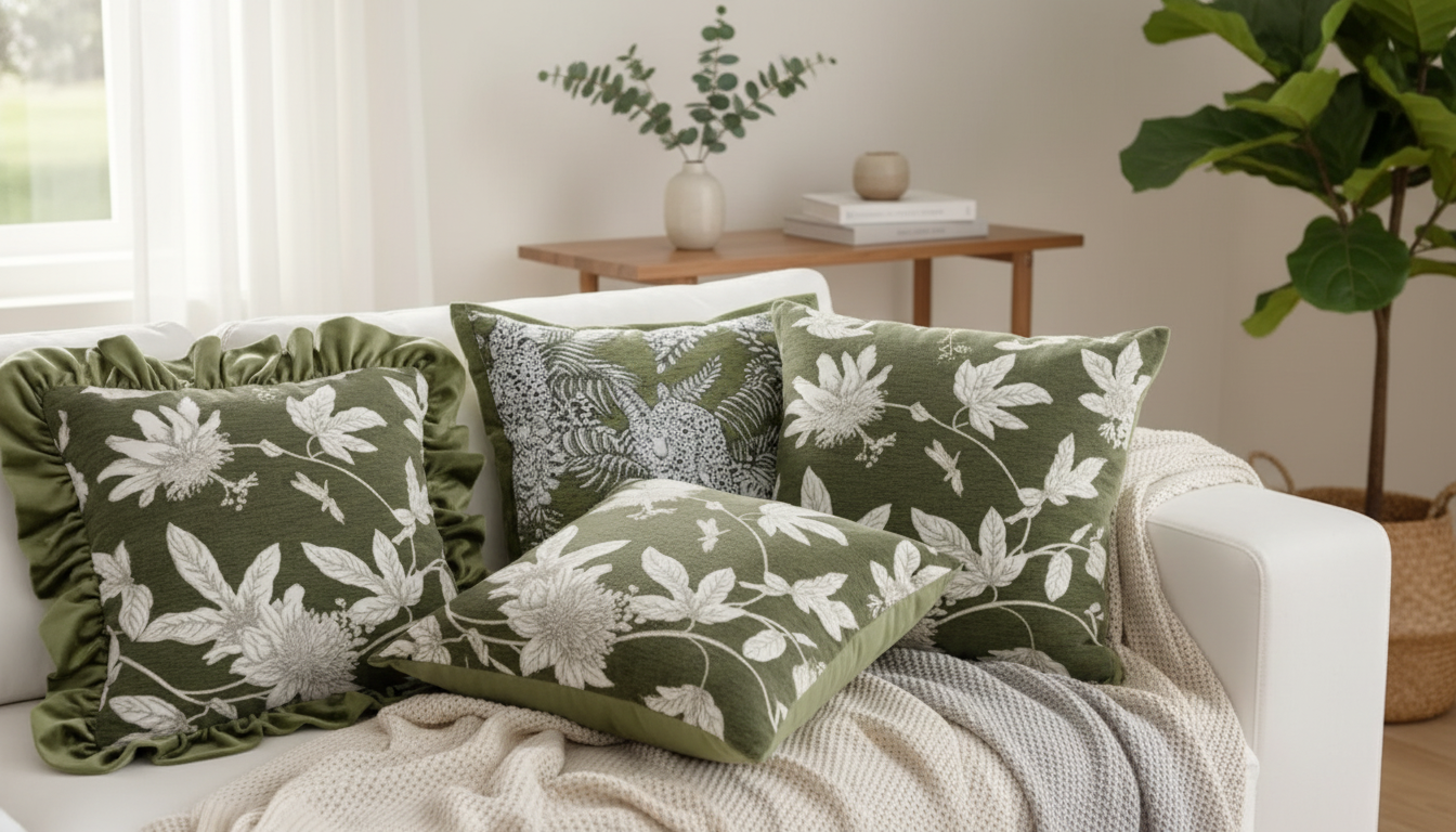 Spring-Green Jacquard Cushion Cover with Ruffle Trim