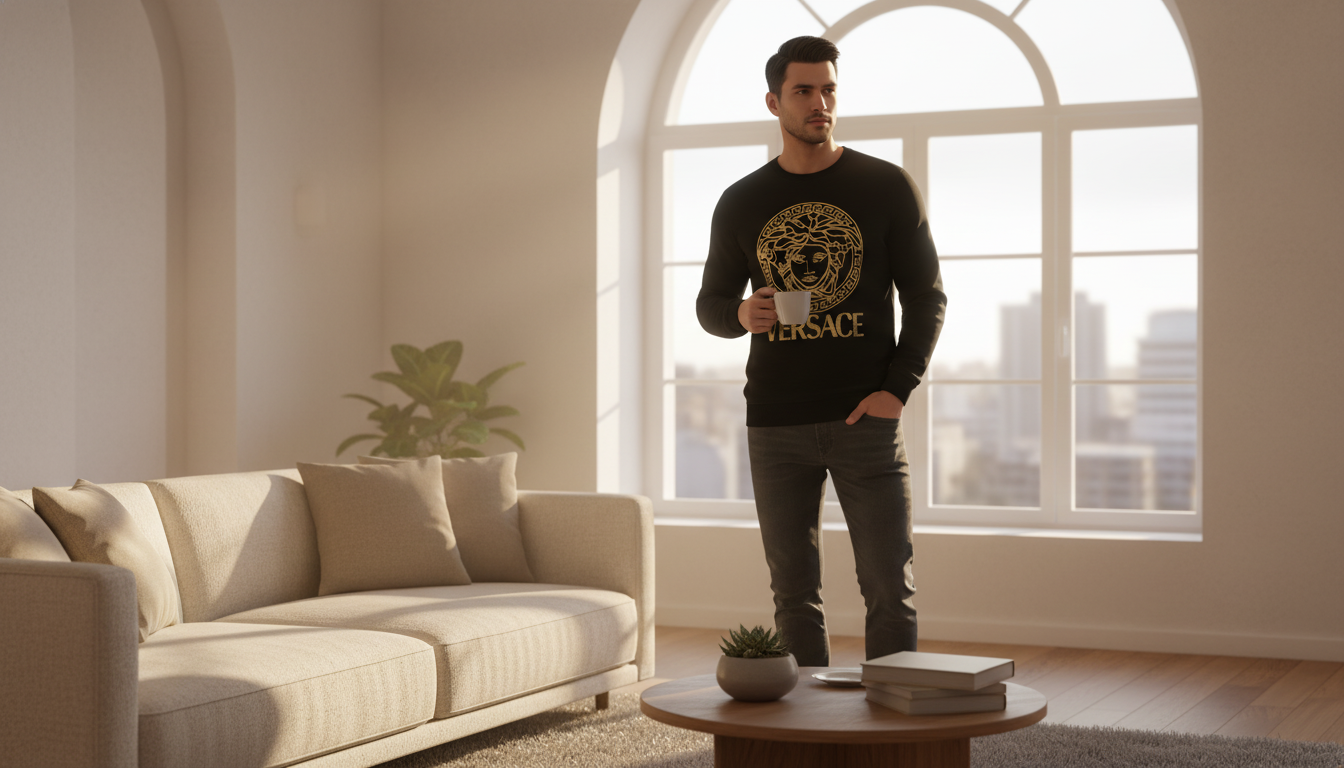 Versace Black Cotton Pullover for Men: Sleek & Versatile