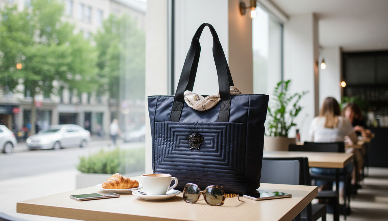 Versace Blue Nylon Tote Bag: Chic Lightweight Carryall