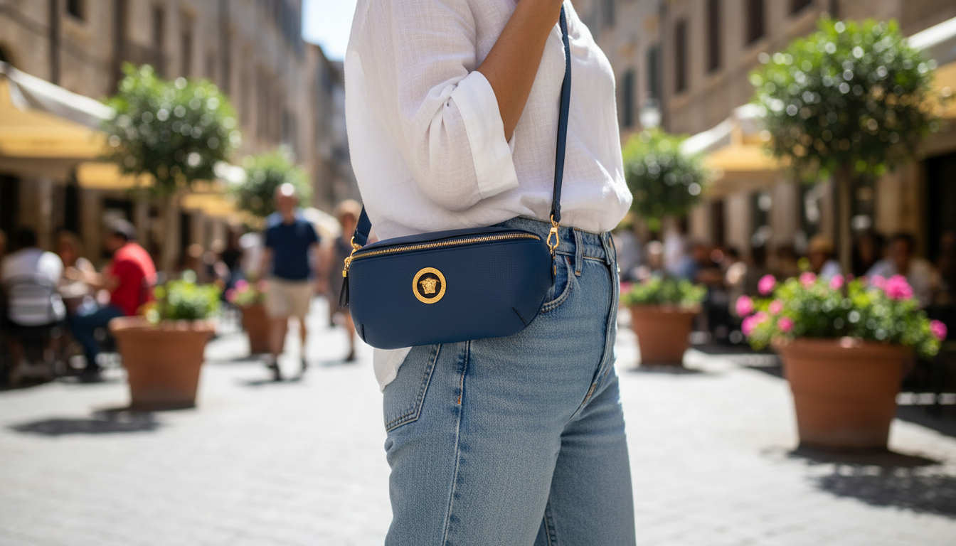 Versace Navy Medusa Pendant Belt Bag: Calf Leather