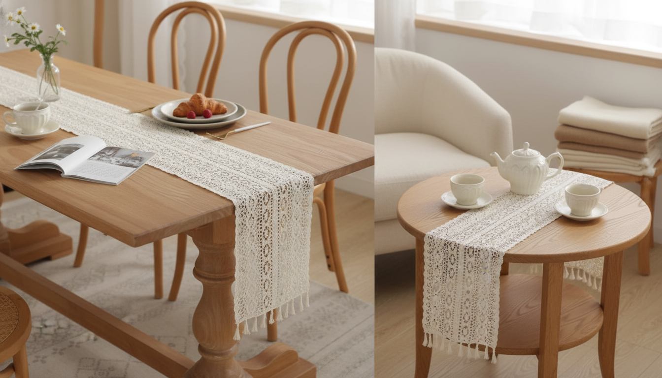 Vintage Crochet Lace Table Runners (2-Pack) with Fringe
